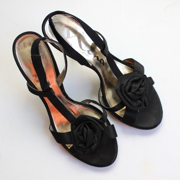 Nina Black Rosette Rose Stiletto Open-Toe Slingback Stilettos Heels Size 7.5 - Picture 2 of 6